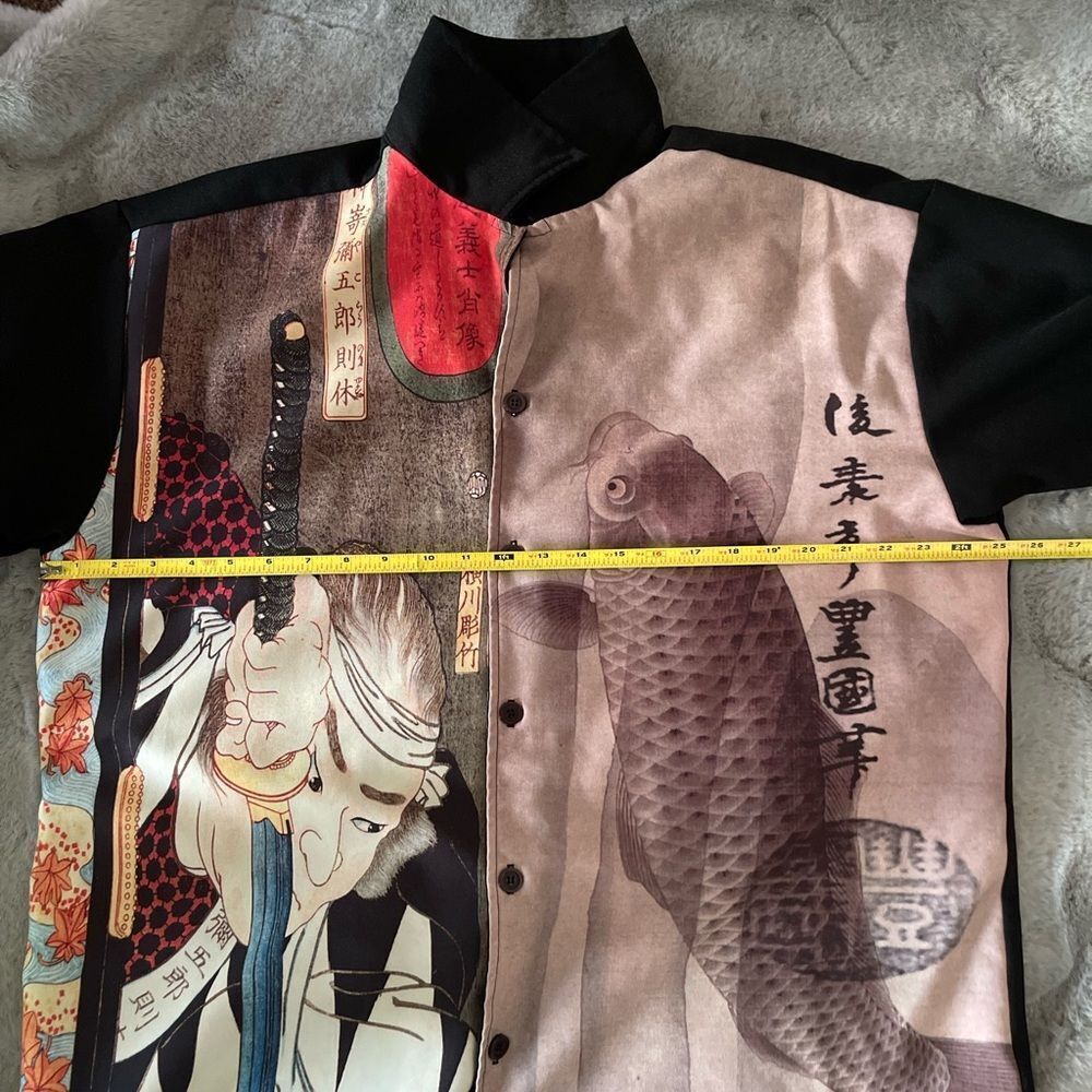 WD Sportswear Vintage 90's Japanese Koi Fish Samurai Short Sleeve Button Down XL - Picture 8 of 12